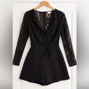 Tobi Black Lace Long-Sleeve Romper with Sheer Panels